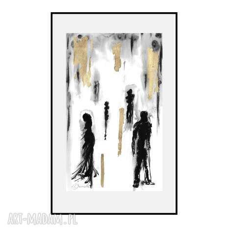 grafika z cyklu obecność malowana i złocona ręcznie o wymiarach 30cm x 50cm