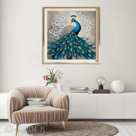 Abstrakcyjny obraz z pawiem 50x50 cm - nowoczesna dekoracja do salonu (szaro-beżowy)