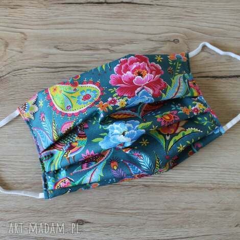 maseczka bawełniana - rajskie kwiaty na zielonym tle, maska, kolorowe maseczki