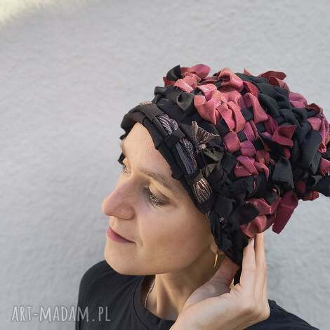 czapka artystyczna róża - ręcznie wytkana na krośnie. - burgund, kapelusz
