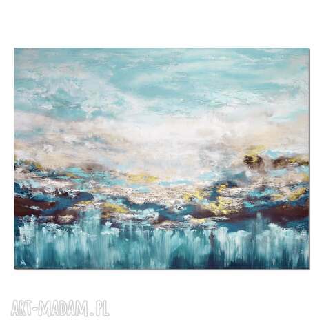 Blue Lagoon 14 - nowoczesny obraz abstrakcyjny turkus i złoto 120x90 cm