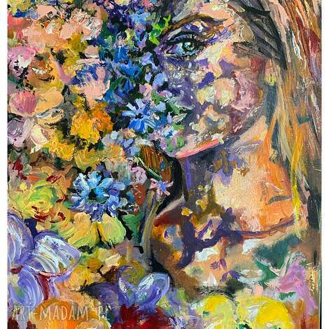 SOPHIE 70x50 - obraz ręcznie malowany akryl na płótnie, portret kobiety w kwiatach