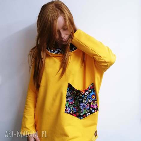 Bluza damska oversize żółta z kominem - rozmiar XS (łowicki) handmade