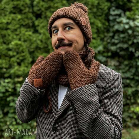 męskie rękawiczki merino brąz, eleganckie rękawiczki