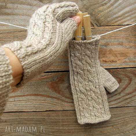 mitenki wełniane, beżowe, rękawiczki bez palców, z alpaki, prezent