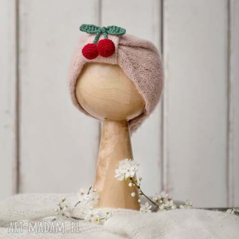 opaska z wisienką pudrowy róż - dziecięca, modne dodatki, wiosenne mała