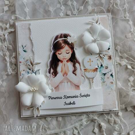 Kartka komunijna dziewczynka - handmade scrapbooking beż i biel personalizowana
