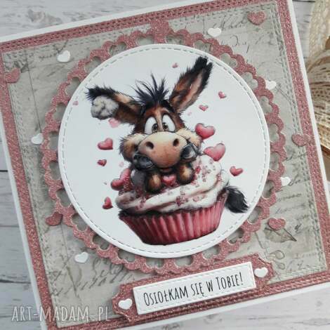 kartka na walentynki z osiołkiem, nietypowy napis, różowa