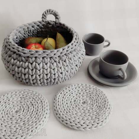 Szary koszyk z grubego sznurka bawełnianego na pieczywo i owoce 28x12 cm - handmade