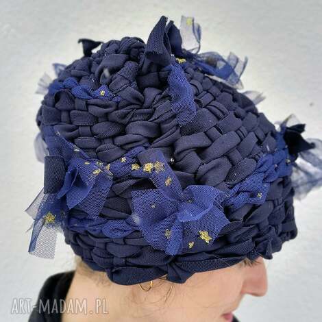 czapka artystyczna gwieździsta noc - unikat, wytkana na krośnie, zimowa czapka