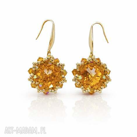 Złote wiszące kolczyki Topaz Maxima z kryształami Preciosa - handmade na wesele