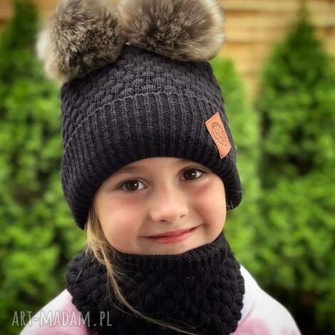 zestaw: bawełniana czapka dla dziecka z dwoma pomponami i komin czarny dziecięce
