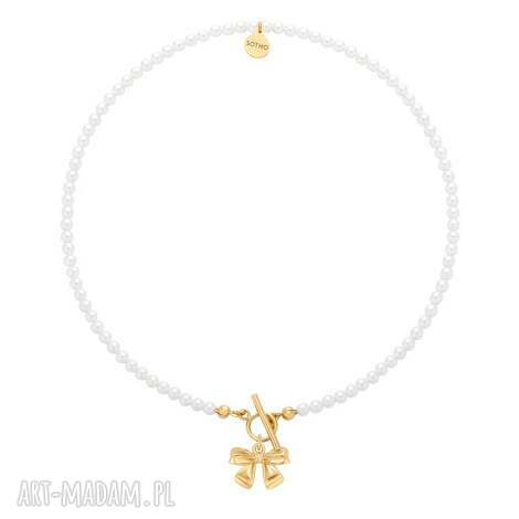 Złoty naszyjnik z białych pereł Swarovski CRYSTAL z kokardką - ręcznie robiony