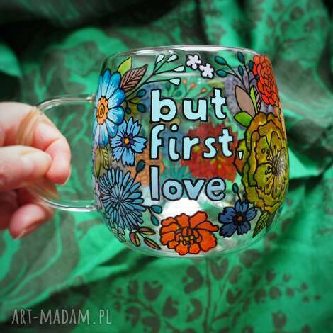 Ręcznie malowany szklany kubek LOVE blue 300 ml - art-Madam.pl