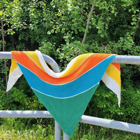 Chusta „Summer Strpies” na drutach - bawełniana, kolorowe dodatki (handmade)