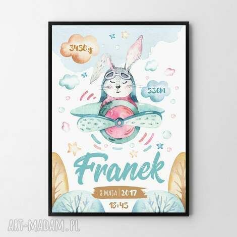 Plakat obraz metryczka Pilot 50x70 cm B2 - turkus, biel i beż (Hogstudio)