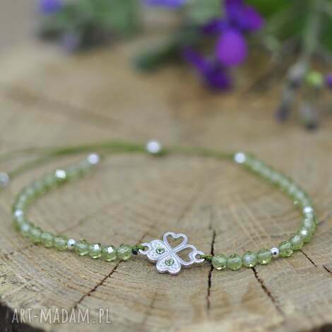 czterolistna koniczyna - bransoletka, srebro 925 i kamienie naturalne, peridot