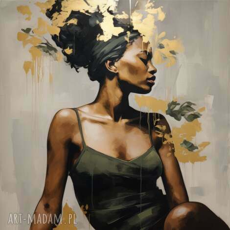 obraz kobieta - beżowy ze złotem czarnoskóra wydruk