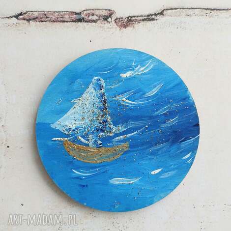 Magnes na lodówkę Morze Łódka - ręcznie malowany, okrągły 8 cm - art-Madam.pl