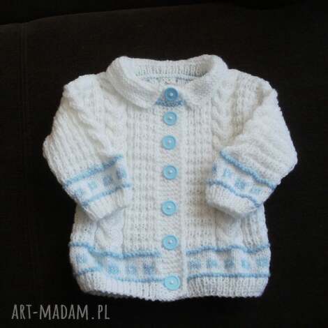 sweterek biały żakiecik, rękodzieło drutach, rozpinany, niemowlę