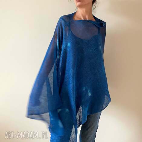Niebieska narzutka lniana - poncho handmade