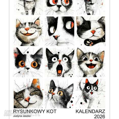 kalendarz 2026 rysunkowy kot 15x21 cm dla kociarza, prezent kotem