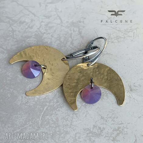 Kolczyki z mosiądzu i kryształami Swarovski Violet Moonlight - księżyce, srebrne bigle 925 (handmade)