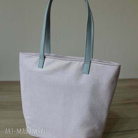 shopper bag bucket - tkanina pudrowy róż i skóra szara, elegancka nowoczesna