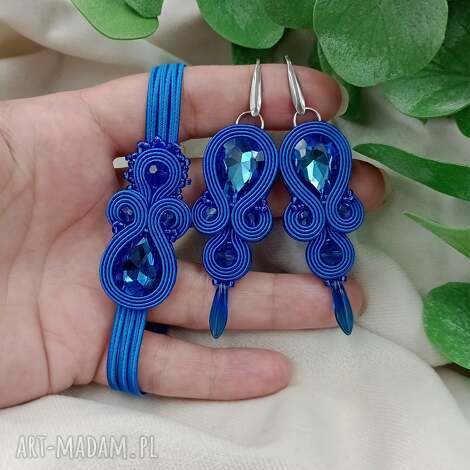 kobaltowy komplet biżuterii, niebieskie kolczyki sutasz, chabrowa bransoletka