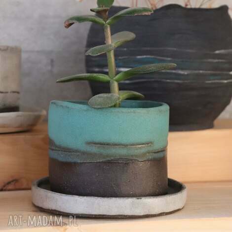 Doniczka ceramiczna handmade Otuliny - niebieskie szkliwa, szamot, podstawka | art-Madam.pl
