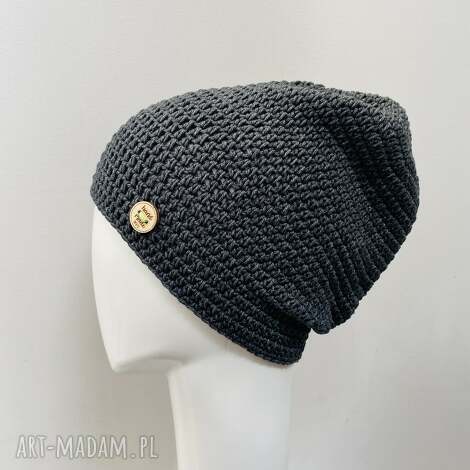 Czapka przejściowa cienka beanie Smerfetka - antracyt, bawełna i akryl (rękodzieło)