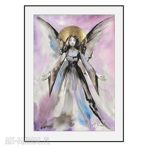 skrzydlaty w fioletach 21cm x 30cm, anioł, aniołek, prezent, akwarela, malowane