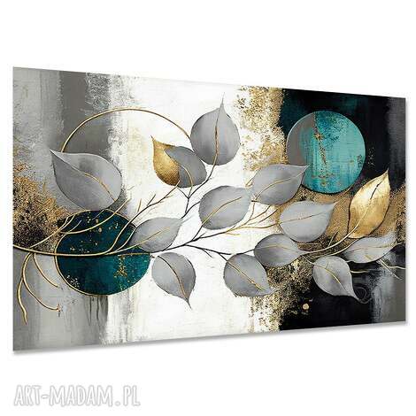 Obraz na płótnie 120x80 cm - szare liście, turkus i złoto
