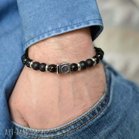 bransoletka męska foto z turmalinu i onyksu ze stalą szlachetną