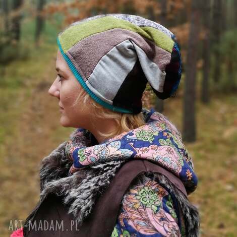 Ciepła zimowa czapka damska patchworkowa handmade - bawełna etno boho