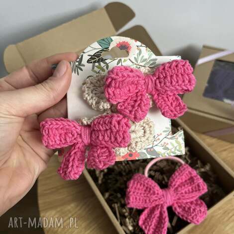 ręcznie robiony zestaw ozdób do włosów - spinki i gumka z kokardami, idealny