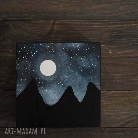 góry - pudełko drewniane ręcznie malowane 15x15cm, górskie, noc księżyc