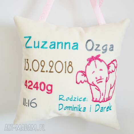 Metryczka urodzenia haftowana poduszka personalizowana 23 x 23 cm - prezent na narodziny