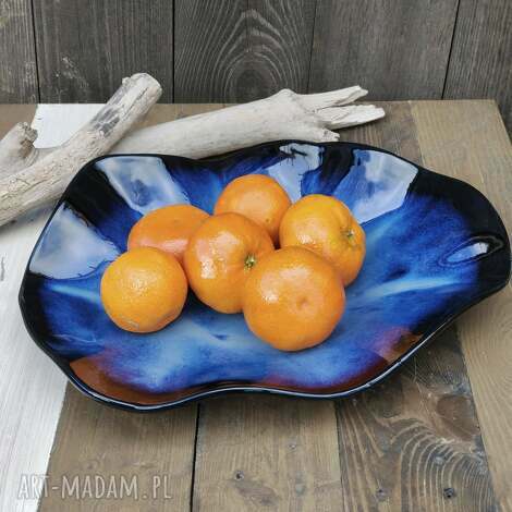 Duża ceramiczna misa - patera na owoce handmade, kamionka kobalt i czerń
