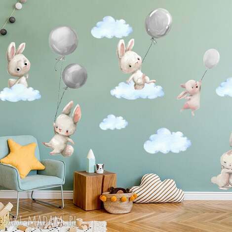 Naklejki na ścianę Króliczki z balonami i chmurkami 100x80 cm szare