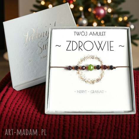 Amulet Zdrowie - bransoletka z nefrytu i granatu, sznurek nylonowy, regulacja makramą - prezent świąteczny