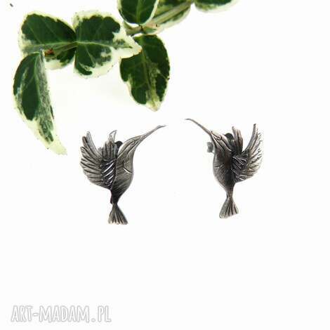 Kolczyki srebrne 925 Kolibry szare II - oksydowane handmade
