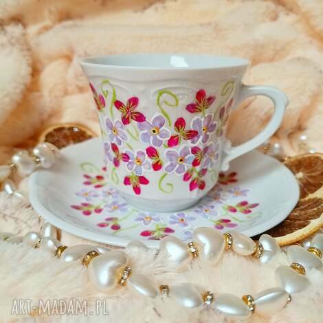 Komplet porcelanowy Kwiaty 250 ml - ręcznie malowana filiżanka i talerzyk