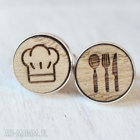 drewniane spinki do mankietów kucharz, sztućce czapka ekologiczne