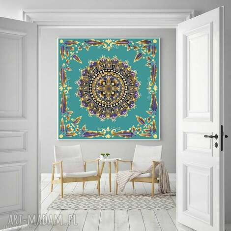 Mandala 50x50cm - plakat obraz z turkusem i żółcią
