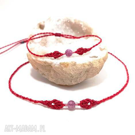 super pełnia turmalin w makramie pleciony czerwony komplet regulowany kamienie