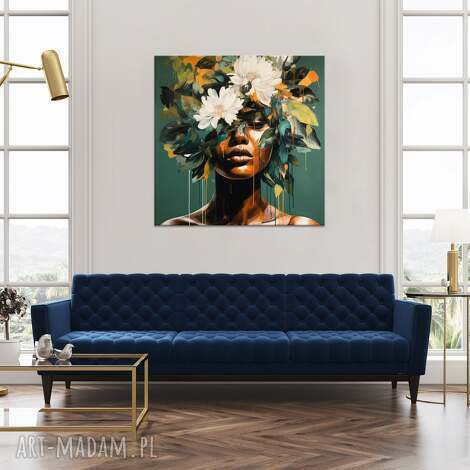 obraz czarnoskóra kobieta z kwiatami we włosach na zielonym - wydruk płótnie