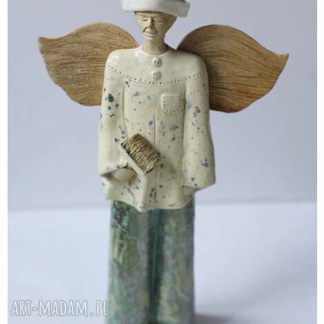 Anioł malarz pokojowy - ceramiczna dekoracja z pędzlem (ok. 33 cm), ręczne wykonanie