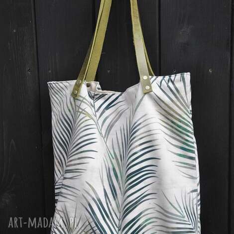 Torba tote XXL na ramię - print liście palmy z weluru i naturalnej skóry - ręcznie robiona | art-Madam.pl