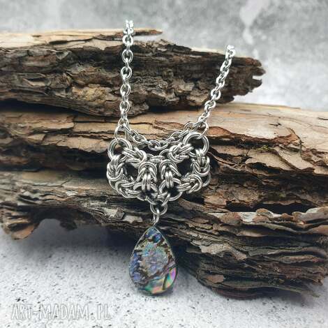 Naszyjnik chainmaille z muszlą paua - stal szlachetna Omnis Lapis (ręcznie robiony)